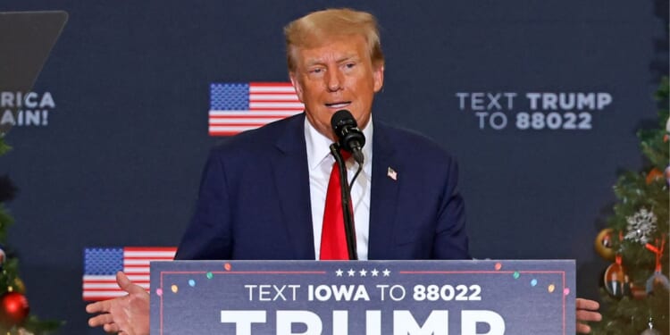 Former President Donald Trump speaks during a campaign event in Waterloo, Iowa, on Dec. 19, 2023.