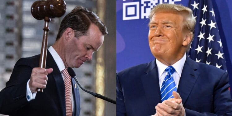 Former President Donald Trump, right, took to Truth Social to endorse David Covey for Texas speaker of the House over current Speaker Dade Phelan, left.