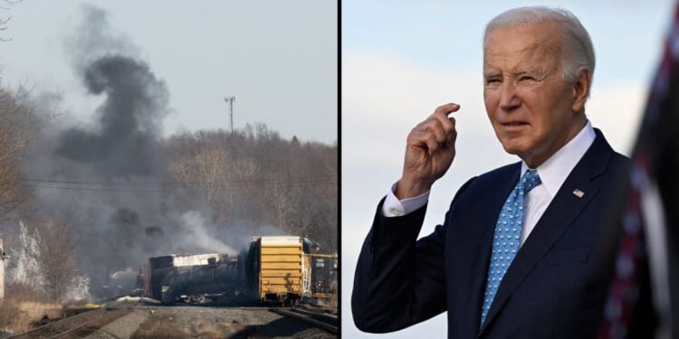 Smoke rises from a derailed cargo train in East Palestine, Ohio, on Feb. 4, 2023. President Joe Biden steps off Air Force One upon arrival in Miami on Tuesday.