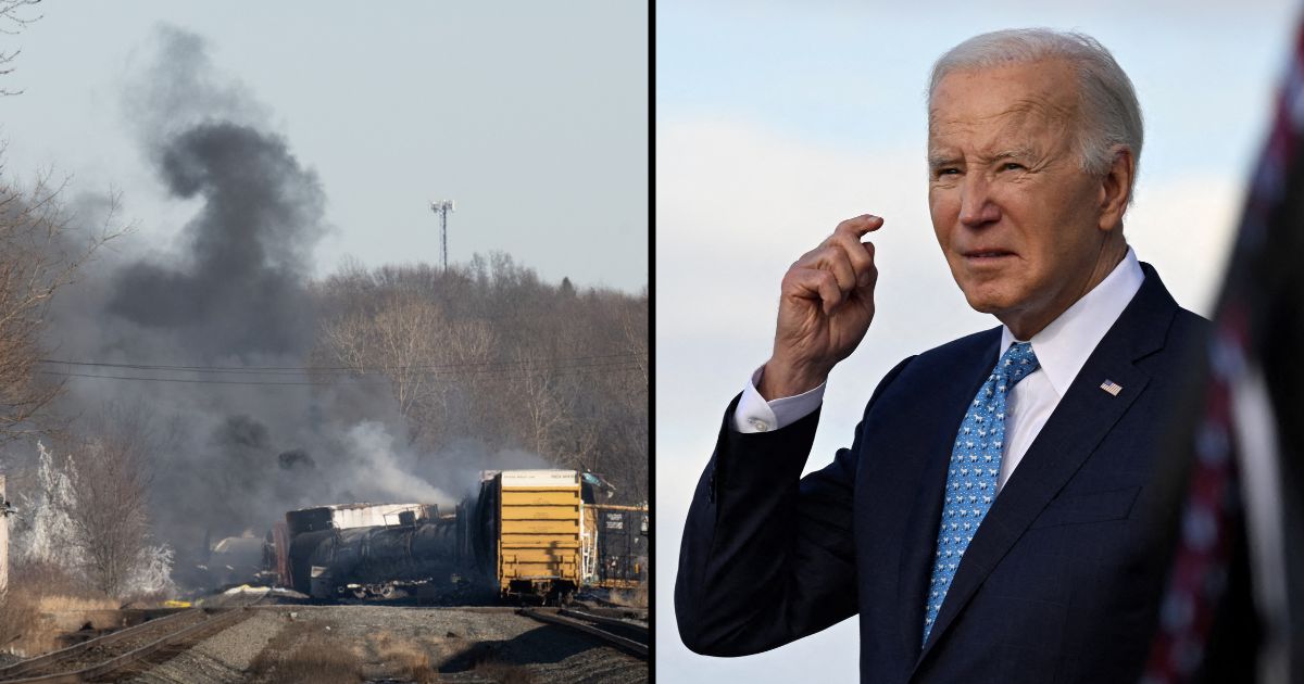 Smoke rises from a derailed cargo train in East Palestine, Ohio, on Feb. 4, 2023. President Joe Biden steps off Air Force One upon arrival in Miami on Tuesday.