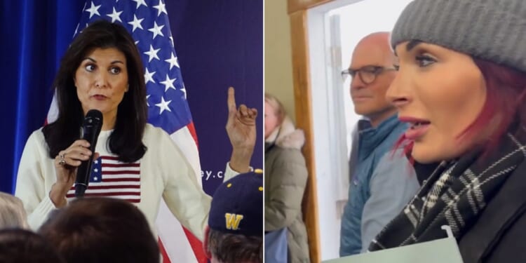 Former U.N. Ambassador Nikki Haley, left, is pictured at a Dec. 18 campaign event in Nevada, Iowa. Conservative activist Laura Loomer, right, is pictured in a video released Saturday that shows her being removed from a Haley campaign event Saturday in Bettendorf, Iowa.