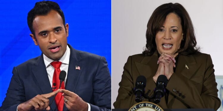 Former Republican presidential hopeful Vivek Ramaswamy, left, has revealed his debate strategy should he be selected as a vice presidential candidate and have to go head-to-head with Vice President Kamala Harris, right.