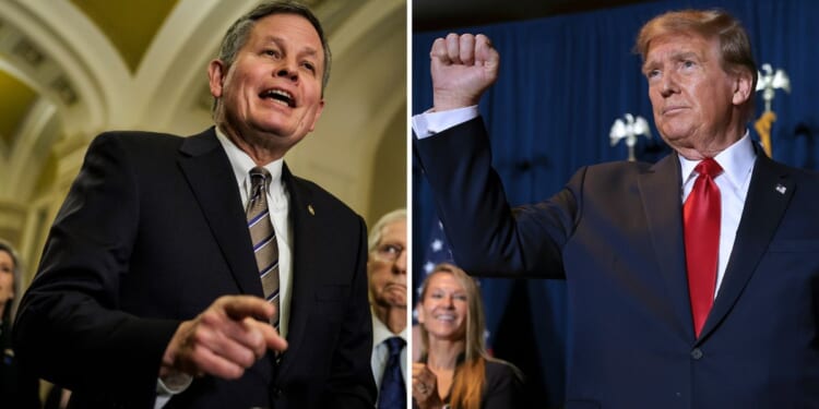 Sen. Steve Daines speaks during a news conference on Jan. 23 in Washington, D.C. Former President Donald Trump gestures during an election night watch party on Saturday in Columbia, South Carolina.