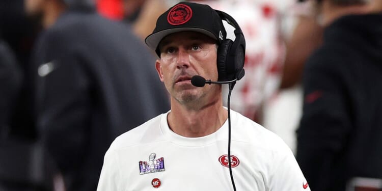 Head coach Kyle Shanahan of the San Francisco 49ers looks on in the first half of the Super Bowl against the Kansas City Chiefs at Allegiant Stadium in Las Vegas on Sunday.