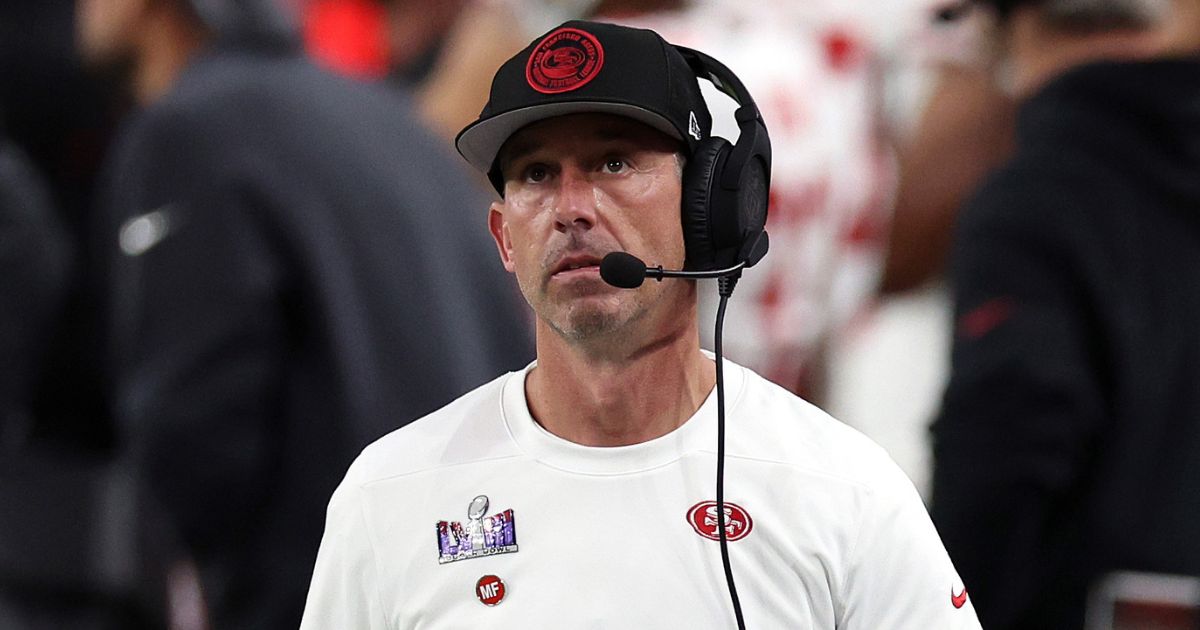 Head coach Kyle Shanahan of the San Francisco 49ers looks on in the first half of the Super Bowl against the Kansas City Chiefs at Allegiant Stadium in Las Vegas on Sunday.