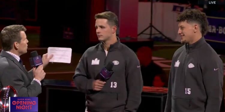 Super Bowl quarterbacks Brock Purdy of the San Francisco 49ers, center, and Patrick Mahomes of the Kansas City Chiefs, right, are interviewed by the NFL Network's Scott Hanson.