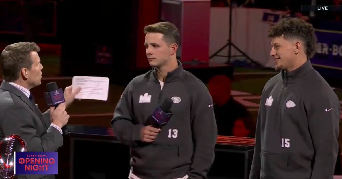 Super Bowl quarterbacks Brock Purdy of the San Francisco 49ers, center, and Patrick Mahomes of the Kansas City Chiefs, right, are interviewed by the NFL Network's Scott Hanson.