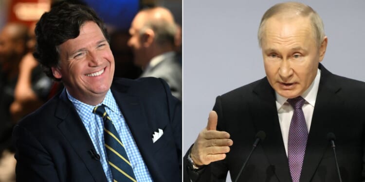 At left, Tucker Carlson speaks at Hard Rock Live in Hollywood, Florida, on Nov. 17, 2022. At right, Russian President Vladimir Putin delivers a speech in Tula on Friday.