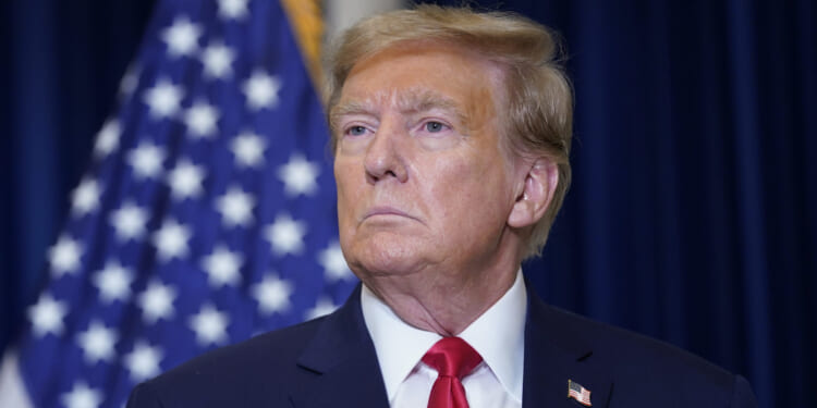 Former President Donald Trump speaks to the media at a Washington hotel on Jan. 9 after attending a hearing before the D.C. Circuit Court of Appeals at the federal courthouse in Washington.