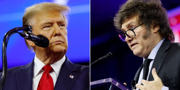 Former President Donald Trump, left, and Argentine President Javier Milei, right, both spoke at the Conservative Political Action Conference at the Gaylord National Resort Hotel and Convention Center in National Harbor, Maryland, on Saturday.