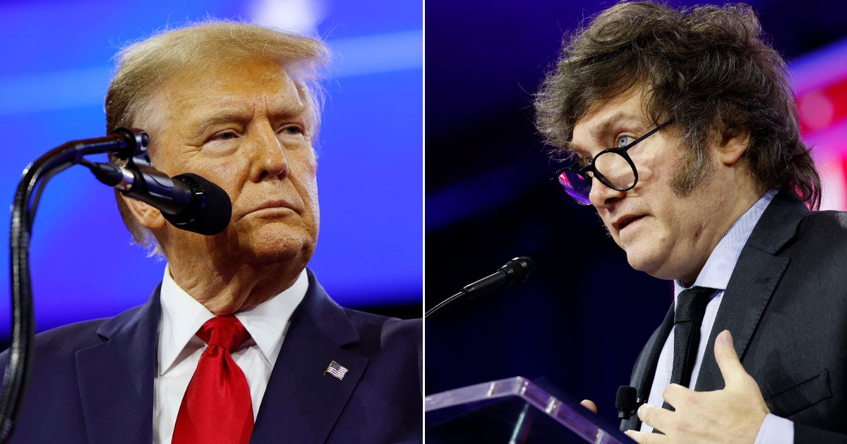 Former President Donald Trump, left, and Argentine President Javier Milei, right, both spoke at the Conservative Political Action Conference at the Gaylord National Resort Hotel and Convention Center in National Harbor, Maryland, on Saturday.