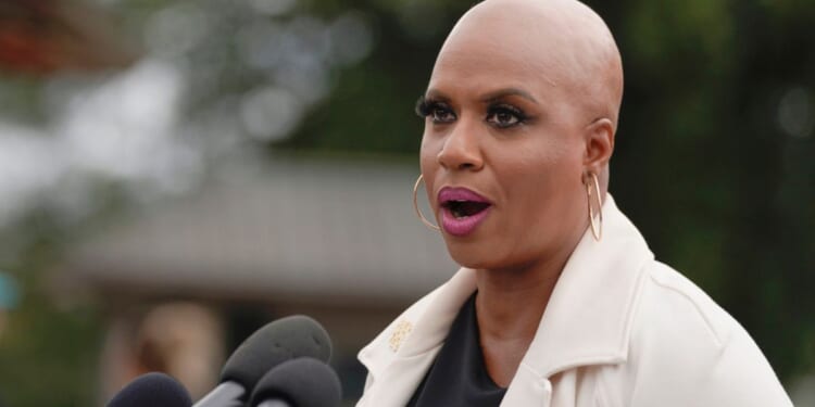 Rep. Ayanna Pressley, D-Mass., talks during a press conference on Capitol Hill to call for a ceasefire in Israel and Gaza, Oct. 20, in Washington.