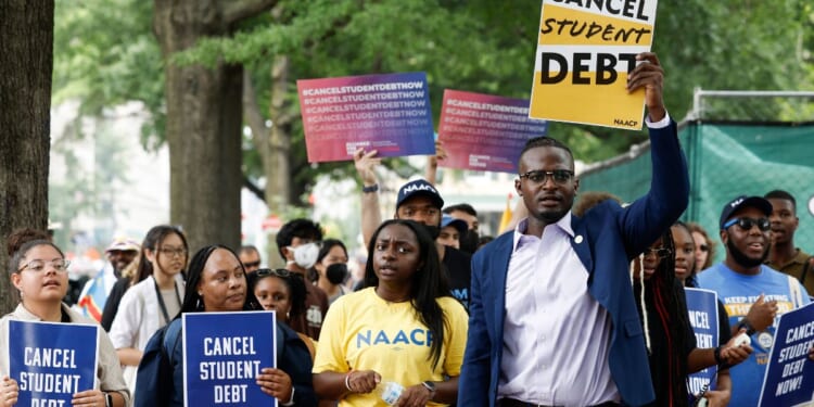 People for student debt relief demonstrate in front of the White House after the U.S. Supreme Court struck down President Biden's student debt relief program on June 30, 2023 in Washington, D.C.