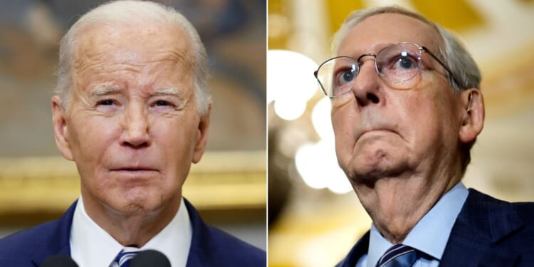 At left, President Joe Biden delivers remarks in the Roosevelt Room of the White House in Washington on Feb. 16. At right, Senate Minority Leader Mitch McConnell listens to reporters' questions during a news conference at the U.S. Capitol in Washington on Sept. 12.