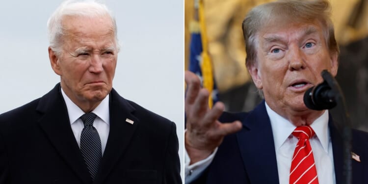 President Joe Biden, left, is pictured at the arrival ceremony Friday in Dover, Delaware, for the bodies of soldiers killed in a terrorist attack in Jordan. Former President Donald Trump, right, is pictured in a Jan. 31 photo in Washington.