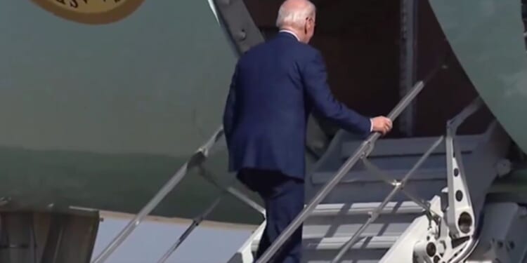 While boarding Air Force One on Tuesday, President Joe Biden tripped twice, even though he is using shorter stairs to help him avoid taking a tumble.