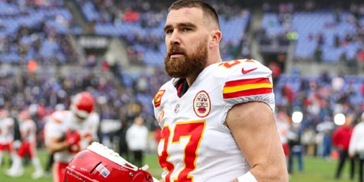 Kansas City Chiefs tight end Travis Kelce sports a fade haircut on the field before the Jan. 28 AFC Championship game in Baltimore.