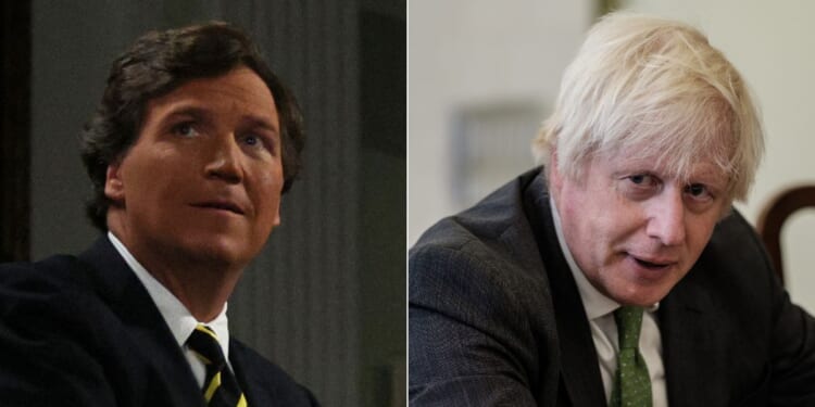 Former U.K. Prime Minister Boris Johnson, right, reportedly backed out of an interview with Tucker Carlson, left, after he allegedly asked for $1 million.