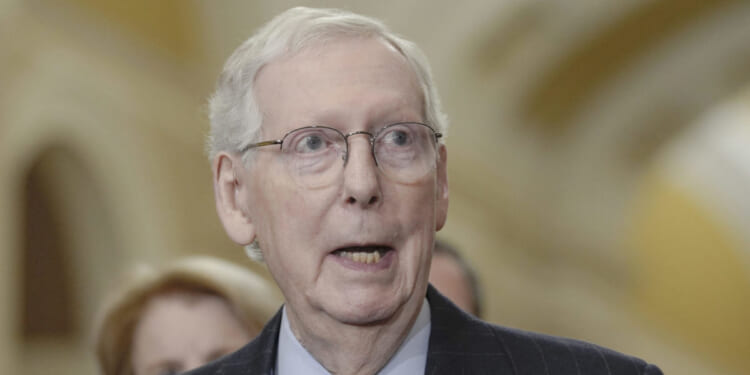 Mitch McConnell talking after a policy luncheon