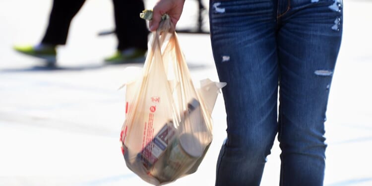 A woman carries her groceries in a plastic bag while leaving a supermarket in Monterey Park, California, on Sept. 30, 2014, right after the state's governor signed the country's first statewide ban on single-use plastic bags from convenience and grocery stores. The ban went into effect in July 2015.