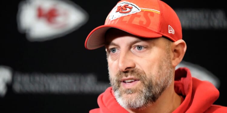 Kansas City Chiefs offensive coordinator Matt Nagy speaks to the media Thursday before the NFL football team's practice in Kansas City, Missouri.