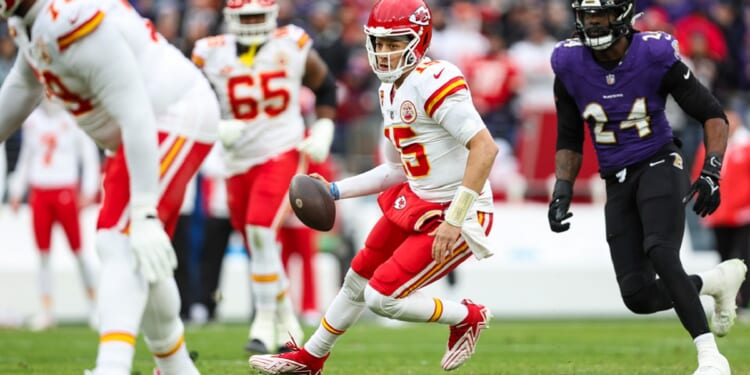 Kansas City Chiefs quarterback Patrick Mahomes scrambles out of the pocket during the Jan. 28 AFC Championship game against the Baltimore Ravens at M&T Bank Stadium in Baltimore.