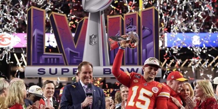 Kansas City Chiefs quarterback Patrick Mahomes celebrates after his team won the Super Bowl against the San Francisco 49ers on Sunday in Las Vegas.