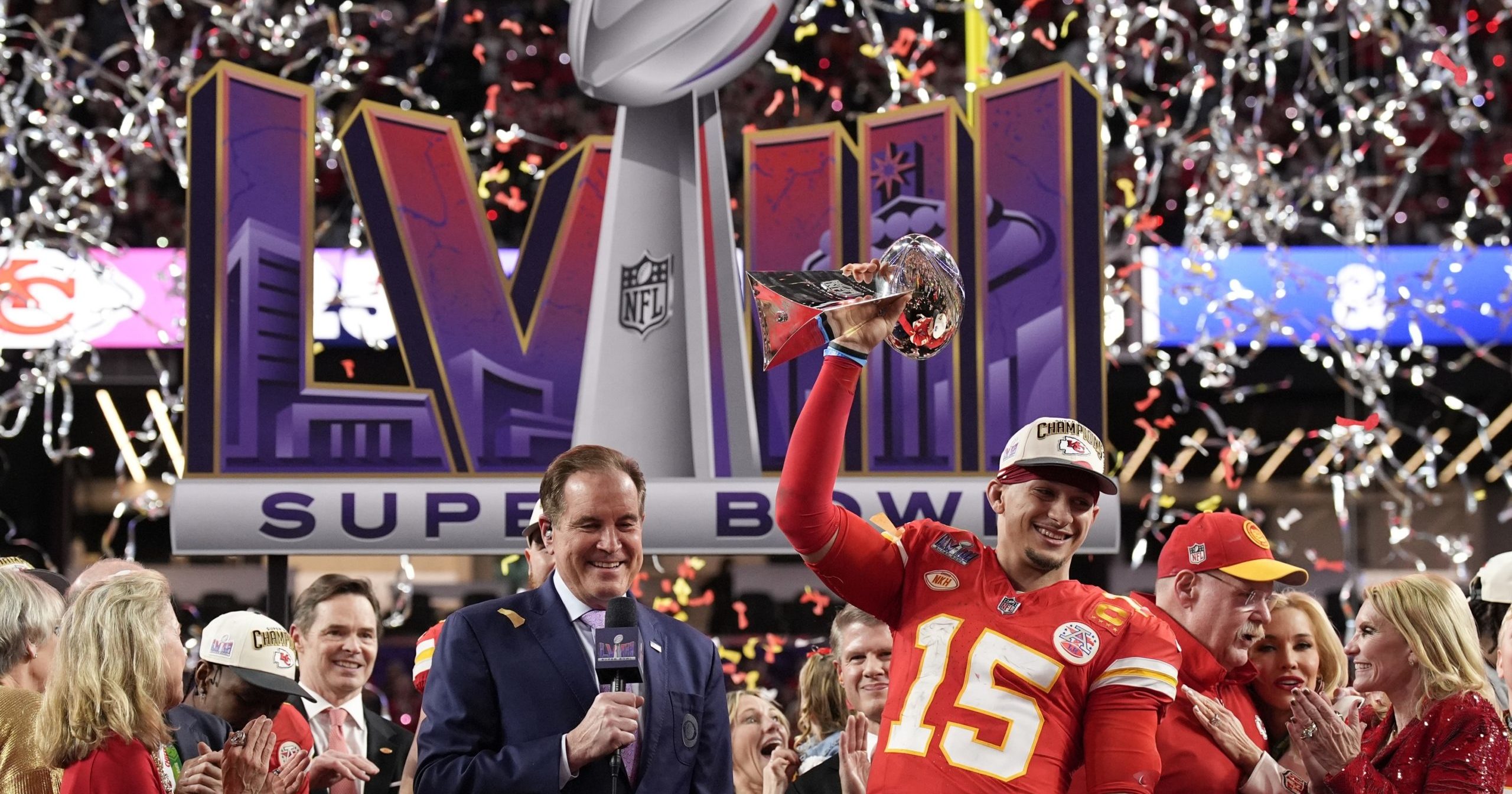 Kansas City Chiefs quarterback Patrick Mahomes celebrates after his team won the Super Bowl against the San Francisco 49ers on Sunday in Las Vegas.