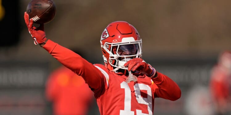 Kansas City Chiefs wide receiver Kadarius Toney passes the ball during the team's NFL football practice Feb. 2, in Kansas City, Missouri.