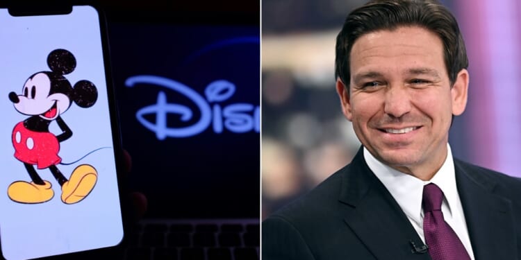 Mickey Mouse and part of the Disney logo, left; Florida Gov. Ron DeSantis, right.