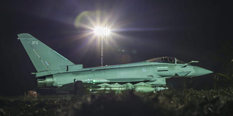 A RAF Typhoon FGR4 aircraft returns to a military base in the Middle East after carrying out a strike against Houthi targets in Yemen.