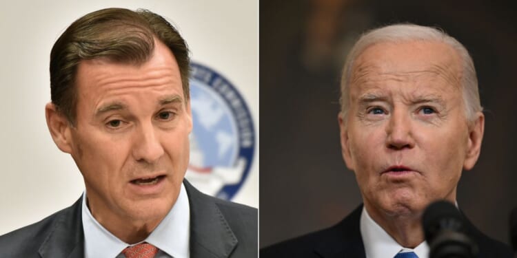 Former New York Democratic Rep. Tom Suozzi, left, appears to be distancing himself from President Joe Biden, right, ahead of Tuesday's special election to replace George Santos.