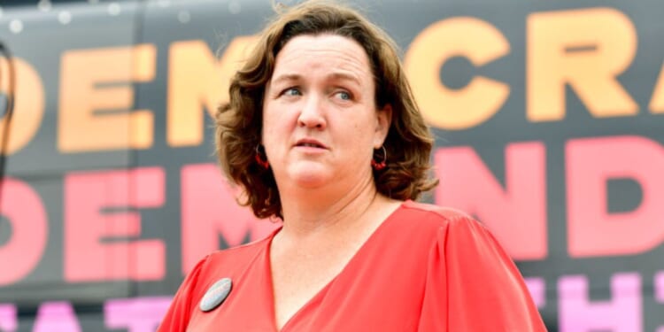 Rep. Katie Porter speaks at the "Just Majority" Irvine Press Conference in Los Angeles, California, on May 28.