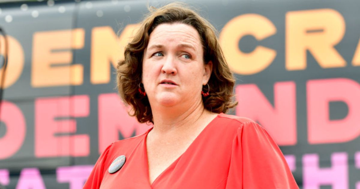 Rep. Katie Porter speaks at the "Just Majority" Irvine Press Conference in Los Angeles, California, on May 28.