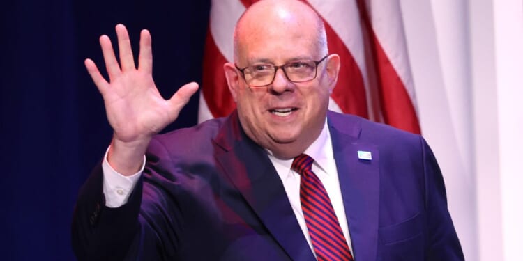 Maryland's then-Gov. Larry Hogan speaks to guests at the Republican Jewish Coalition Annual Leadership Meeting in Las Vegas, Nevada, on Nov. 18, 2022.