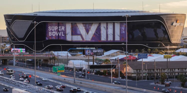 An exterior view shows signage for Super Bowl LVIII at Allegiant Stadium in Las Vegas, Nevada. The game will be played on Feb. 11 etween the Kansas City Chiefs and the San Francisco 49ers.