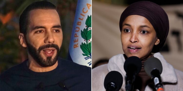 At left, President of El Salvador Nayib Bukele speaks in La Libertad, El Salvador, on Nov. 20. At right, Rep. Ilhan Omar speaks during a news conference outside the U.S. Capitol in Washington on Nov. 13.