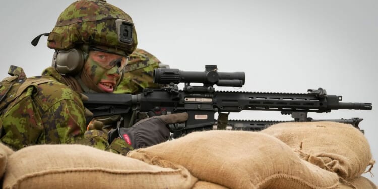 A soldier of the Estonian Army attends the Spring Storm 2023 military drills, the largest annual exercise of Estonian Defense Forces, near Tapa, Estonia, on May 25.