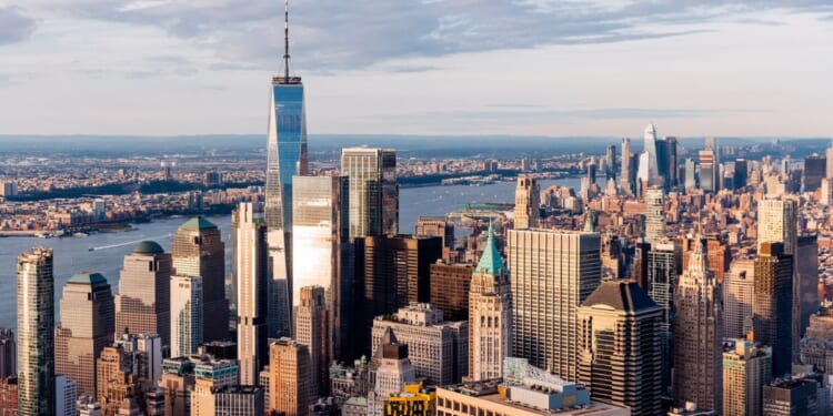 The skyline of downtown New York City is pictured in this stock photo.