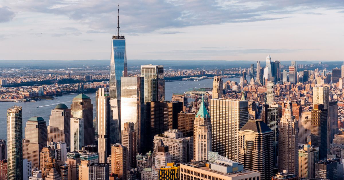 The skyline of downtown New York City is pictured in this stock photo.