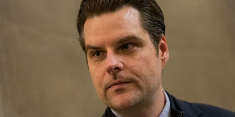 Matt Gaetz (R-FL) speaks with reporters before going into the Speakers offices at the U.S. Capitol, Jan. 10, in Washington, D.C.