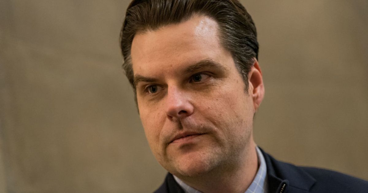 Matt Gaetz (R-FL) speaks with reporters before going into the Speakers offices at the U.S. Capitol, Jan. 10, in Washington, D.C.