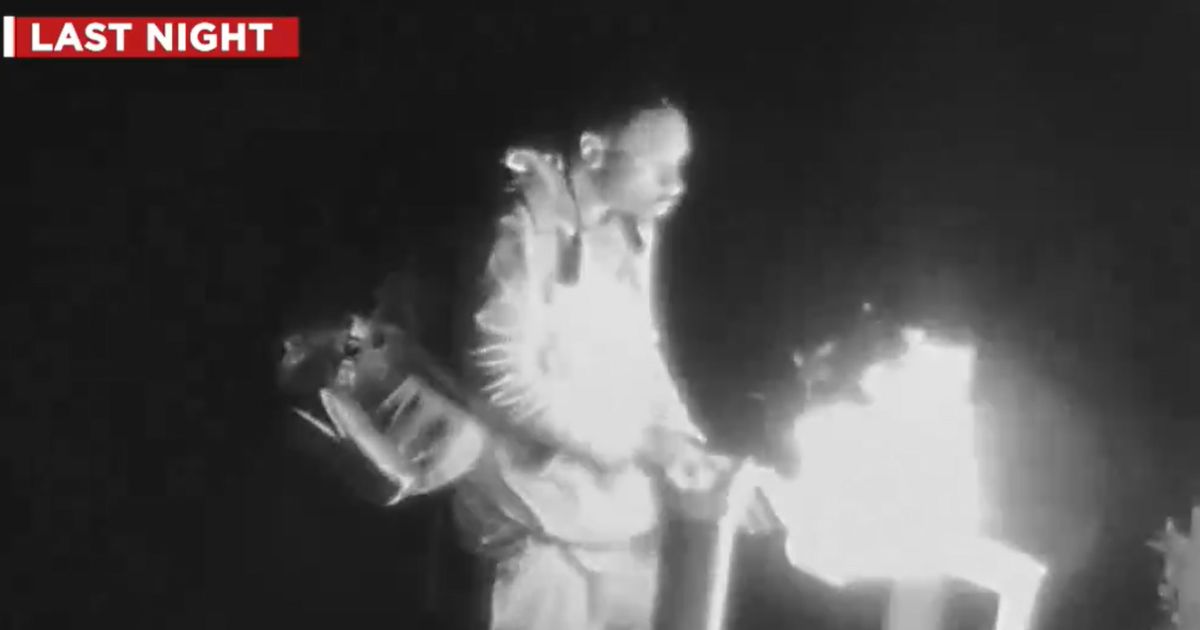 KSWB-TV in San Diego shared video of a man setting fire to its property.