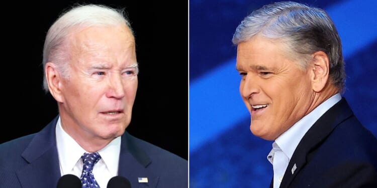 At left, President Joe Biden speaks during the annual House Democrats Issues Conference in Leesburg, Virginia, on Feb. 8. At right, Sean Hannity speaks onstage during the Fox Nation Patriot Awards at the Grand Ole Opry in Nashville, Tennessee, on Nov. 16.