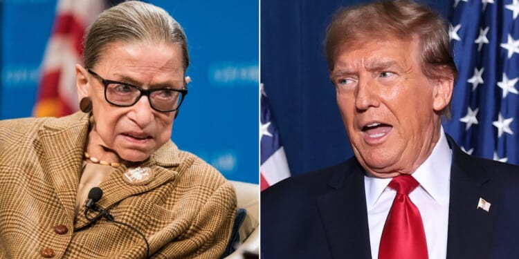 At left, Supreme Court Justice Ruth Bader Ginsburg participates in a discussion at the Georgetown University Law Center in Washington on Feb. 10, 2020. At right, Republican presidential candidate and former President Donald Trump arrives on stage to speak to supporters at the South Carolina State Fairgrounds in Columbia on Saturday.