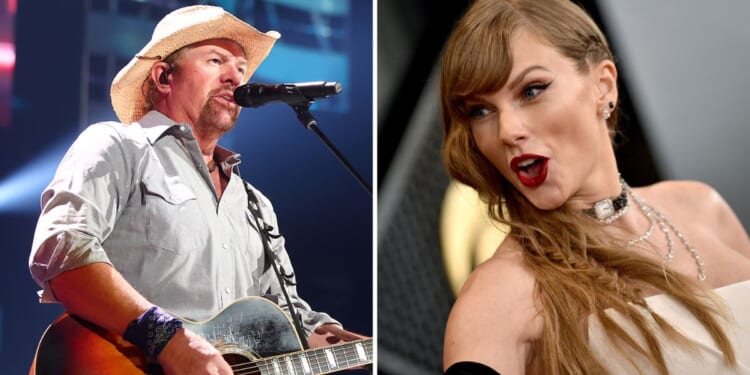 Toby Keith performs on Oct. 30, 2021, in Austin, Texas. Taylor Swift attends the 66th Grammy Awards at Crypto.com Arena on Sunday in Los Angeles.