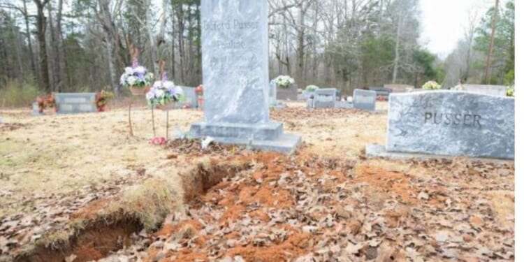 The recently exhumed grave of Pauline Pusser, wife of famed Sheriff Buford Pusser, at Adamsville Cemetery in Adamsville, Tennessee.