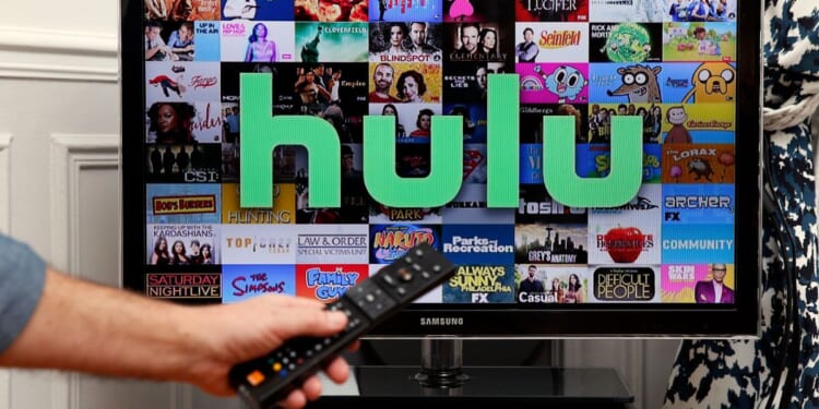 The logo of the streaming service Hulu displayed on a television.