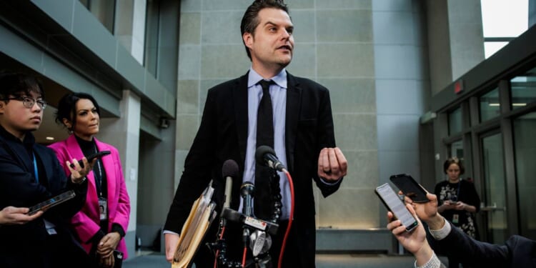 GOP Rep. Matt Gaetz of Florida speaks to reporters during a break in the closed-door deposition of Hunter Biden, son of President Joe Biden, in front of the House Committee on Oversight and Accountability, and House Judiciary Committee Wednesday in Washington, D.C. The meeting is part of the Republicans' impeachment inquiry into President Joe Biden.