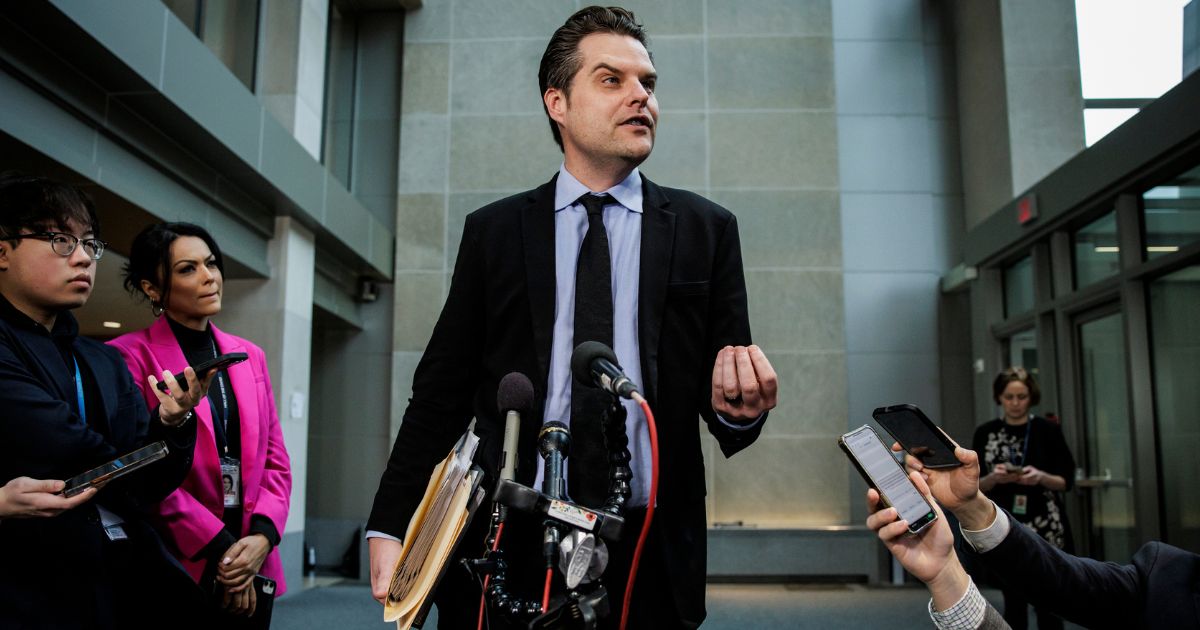 GOP Rep. Matt Gaetz of Florida speaks to reporters during a break in the closed-door deposition of Hunter Biden, son of President Joe Biden, in front of the House Committee on Oversight and Accountability, and House Judiciary Committee Wednesday in Washington, D.C. The meeting is part of the Republicans' impeachment inquiry into President Joe Biden.